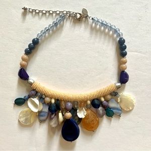 Chicos Statement Necklace Shell Bead Agate Sea Glass Collar Blue Beach Silver